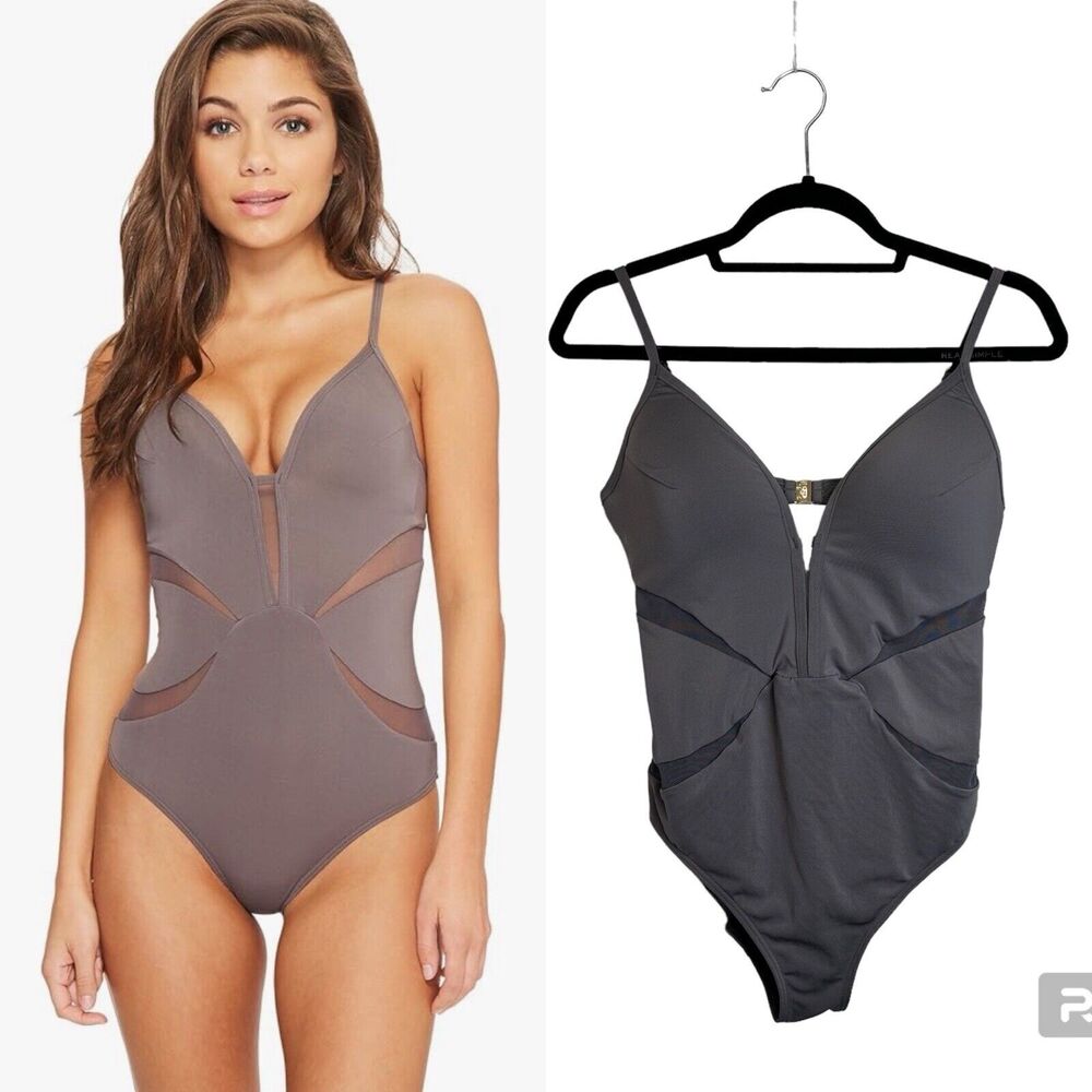 Jets by Jessika Allen Women's Aspire Plunge Cut Out One-Piece Slate 12‎ Swimsuit